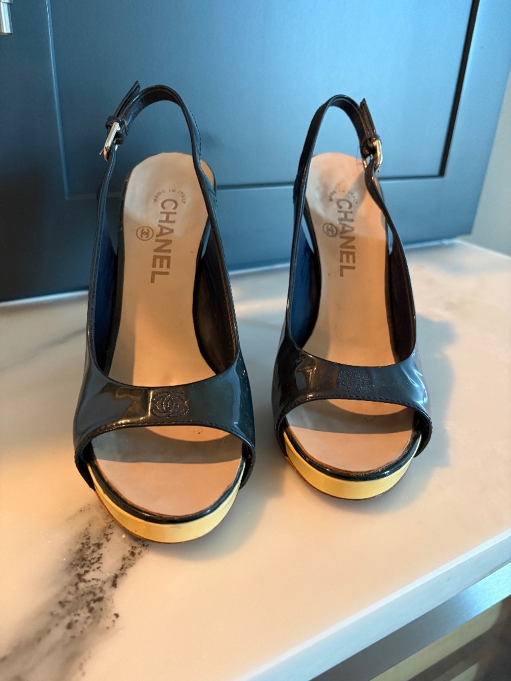 CHANEL Navy Blue Patent Slingback Pumps CC Logo Peep Toe 37.5 EU